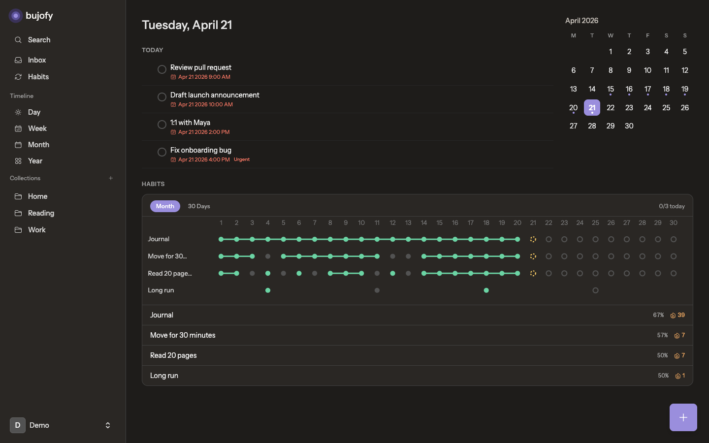 Bujofy dashboard with today's tasks, habits, and upcoming events.