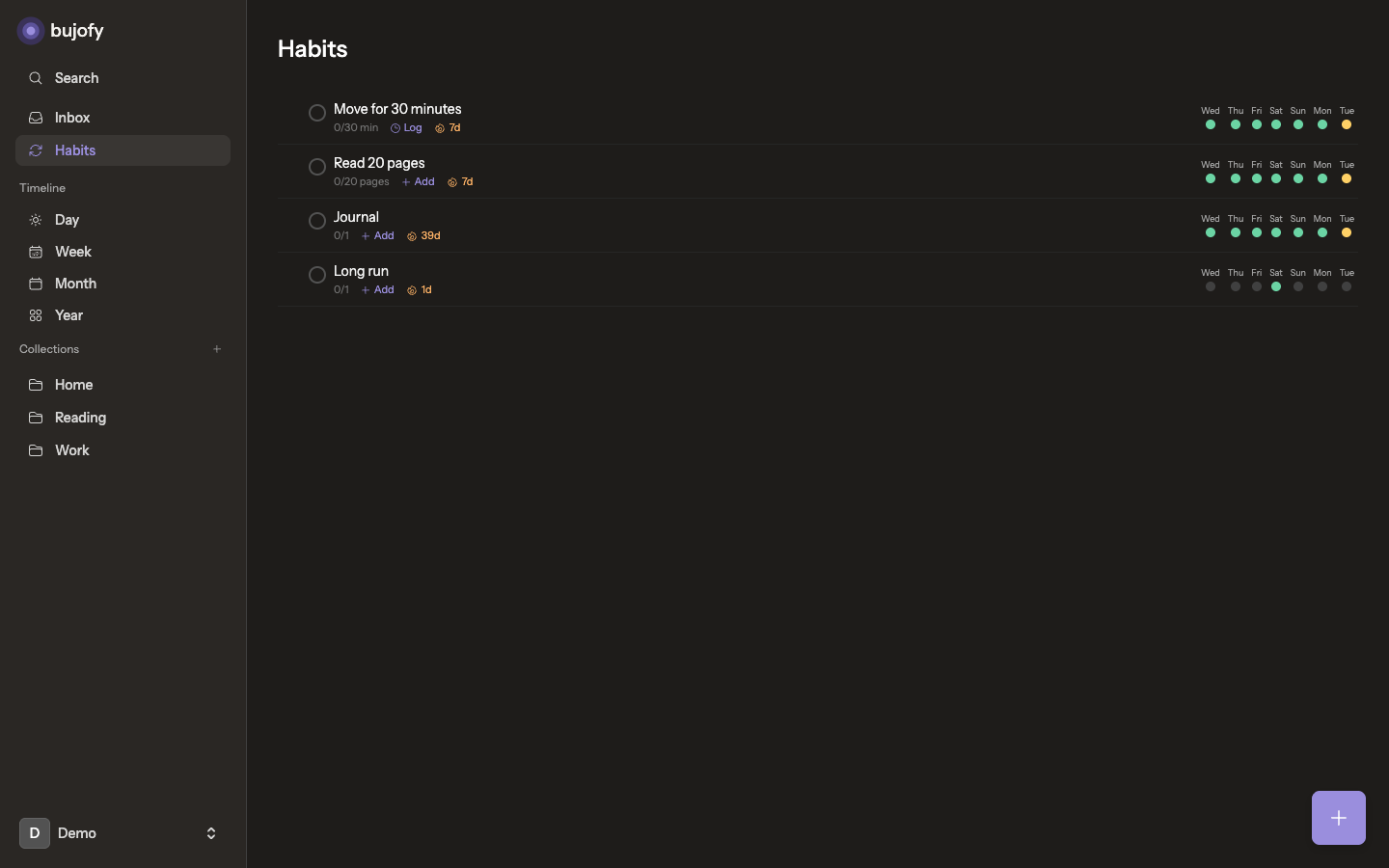 Habits collection with streak and metric.