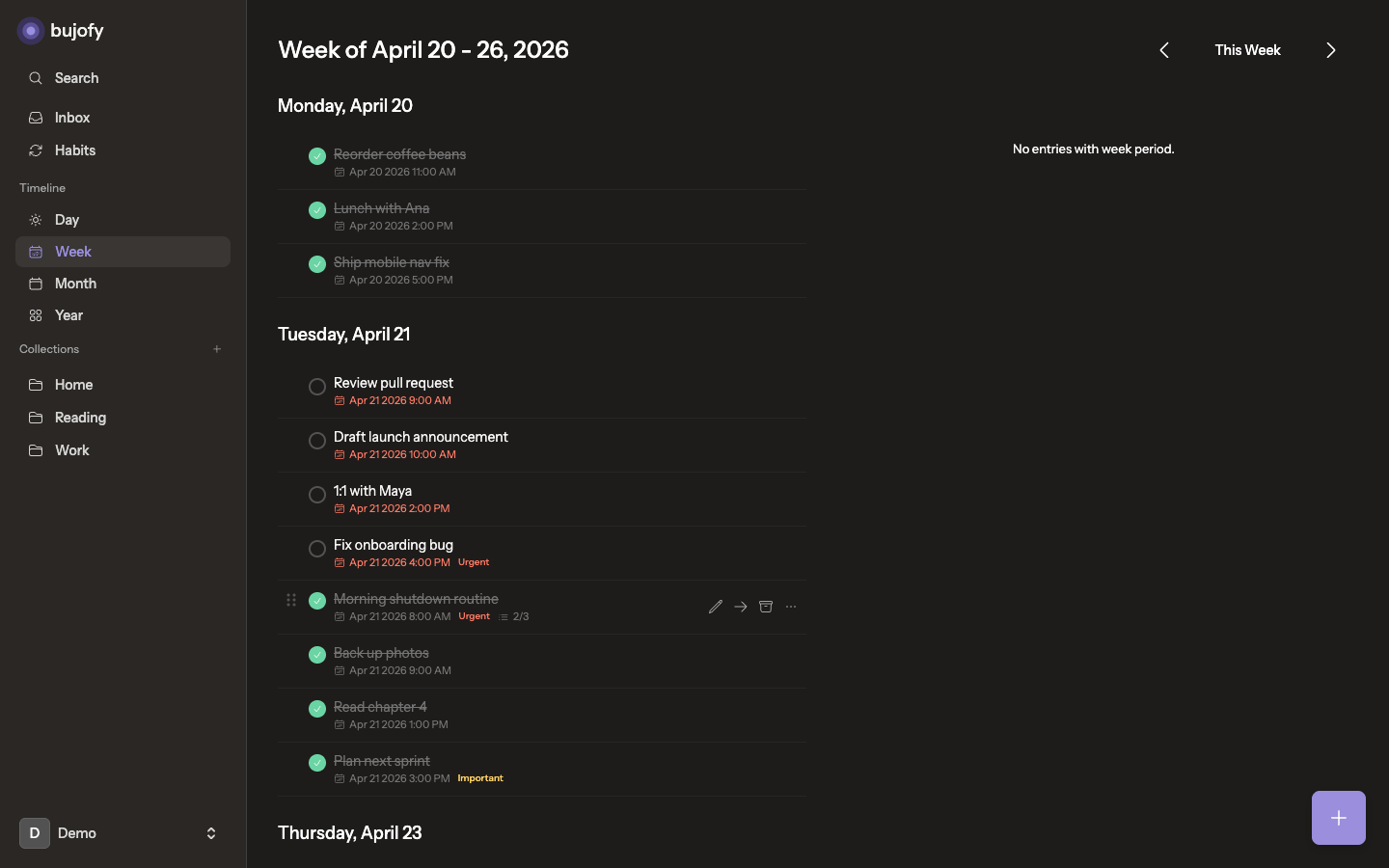 Weekly timeline view with tasks and events spread across the week.